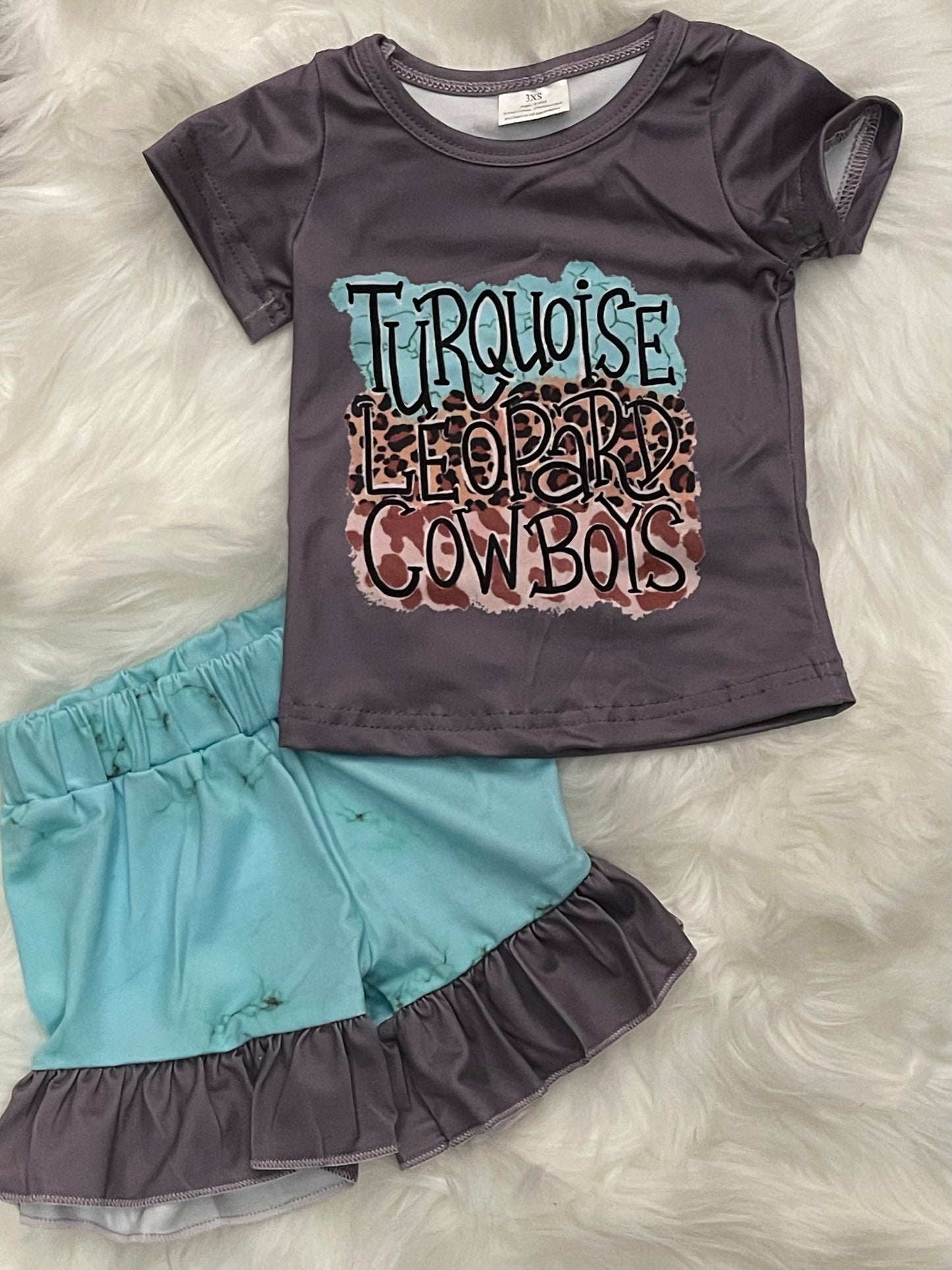 Turquoise Leoprads and Cowboys Short Set