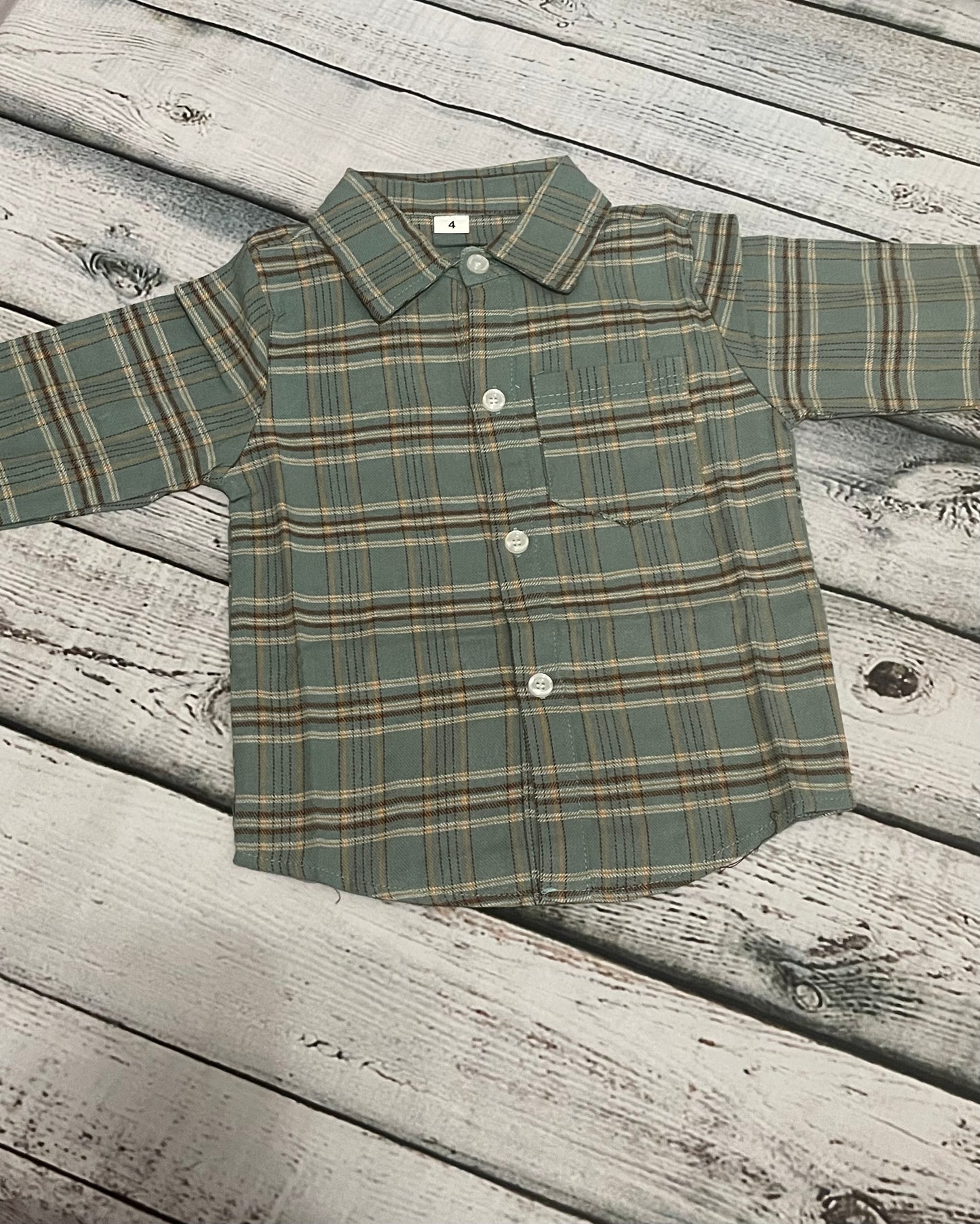 Green Beige Plaid Button Down Flannel