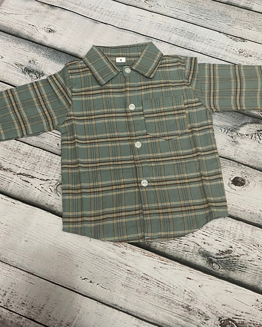 Green Beige Plaid Button Down Flannel