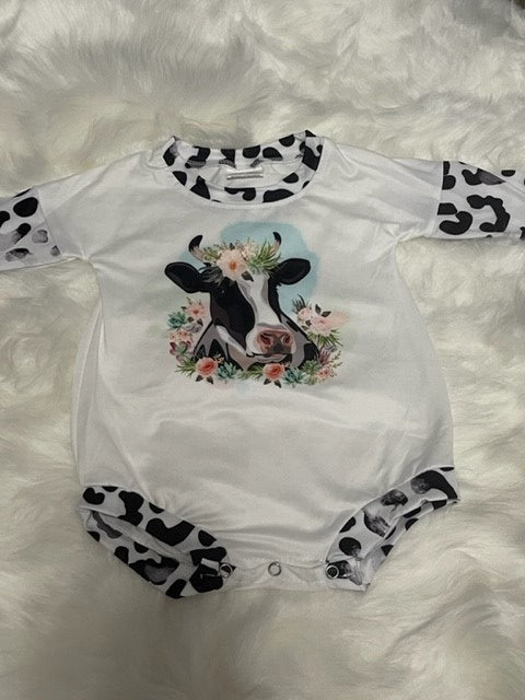 Girls Long Sleeve Cow Print Romper