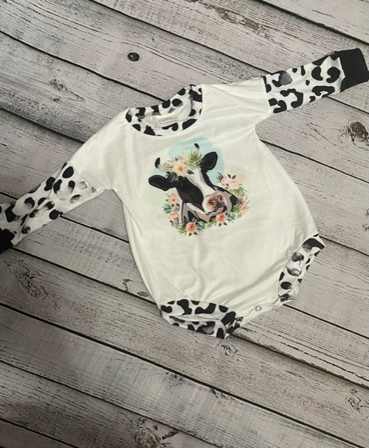 Girls Long Sleeve Cow Print Romper