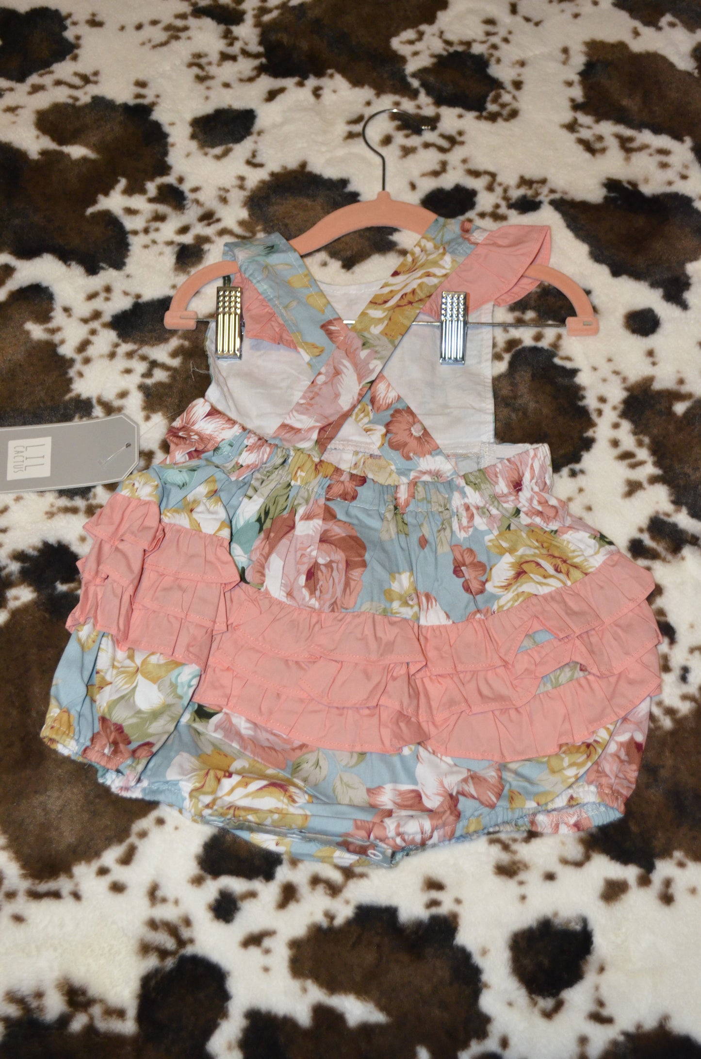 Pink and Blue Floral Print Ruffle Romper
