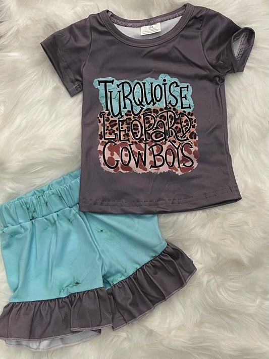 Turquoise Leoprads and Cowboys Short Set