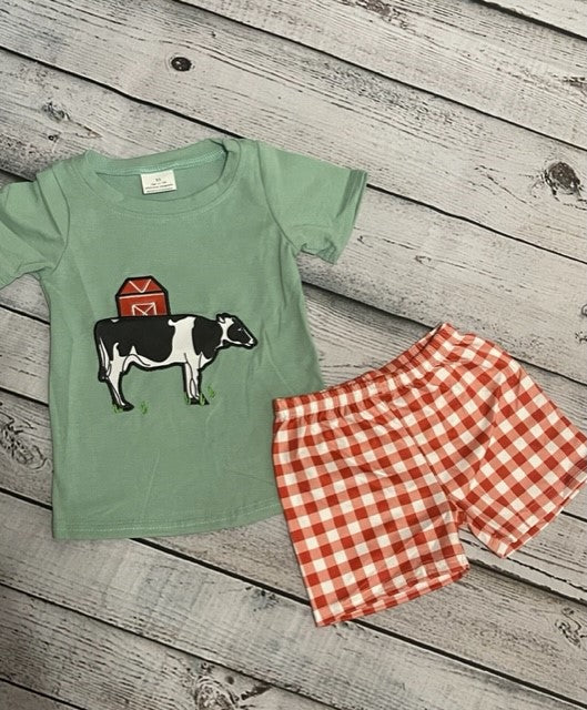 Boys Cow Gingham Smocked Short Set