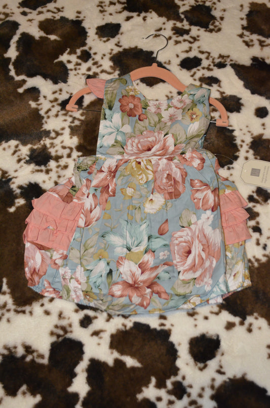 Pink and Blue Floral Print Ruffle Romper