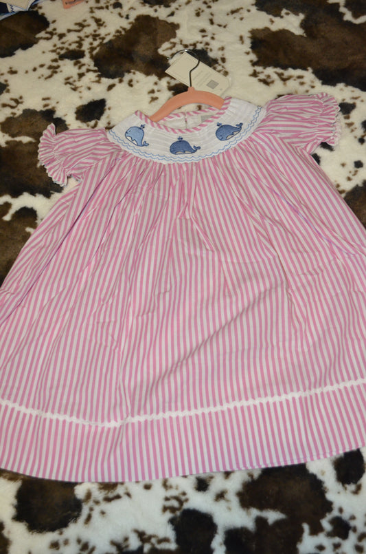 Pink Striped Whale Smocked Bishop Dress